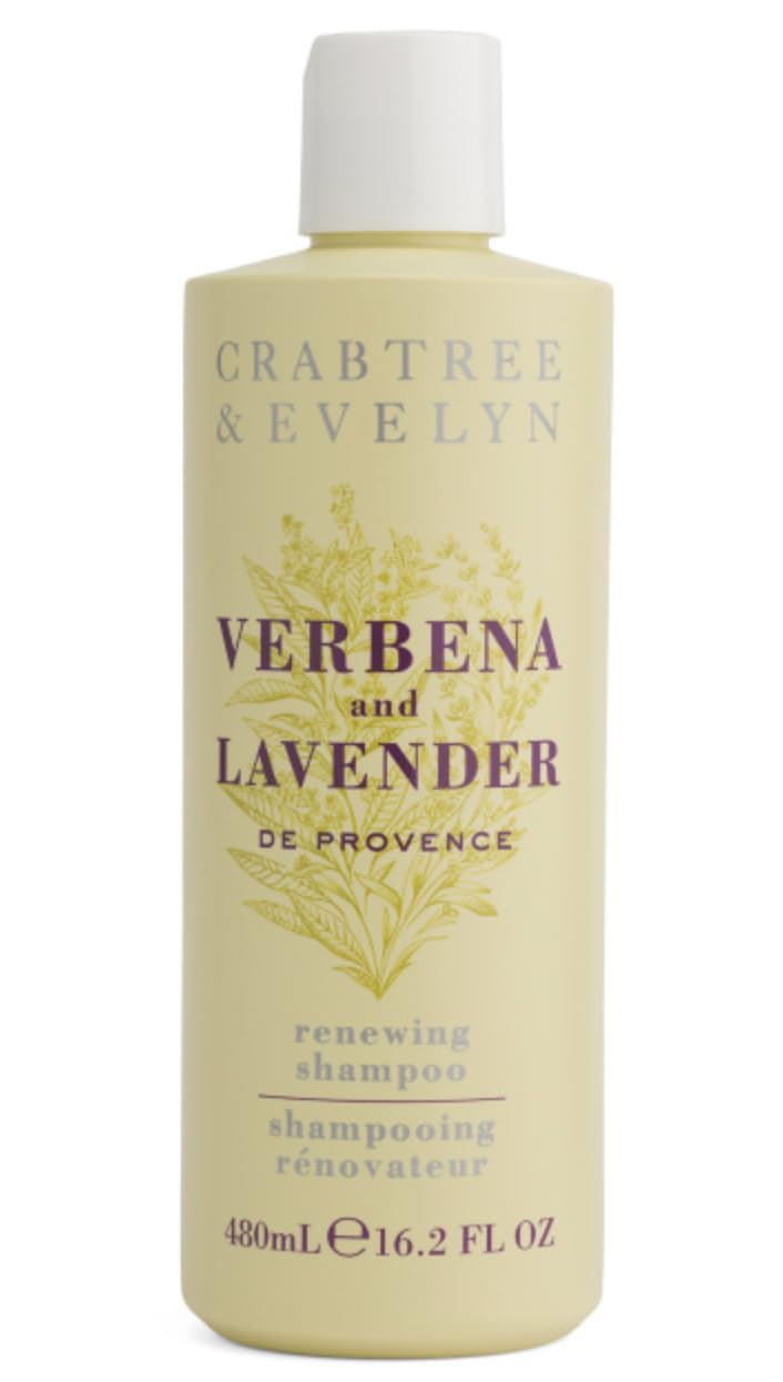 Crabtree &amp; Evelyn Verbena &amp; Lavender Renewing Shampoo bottle showcases vibrant design for healthy scalp support.