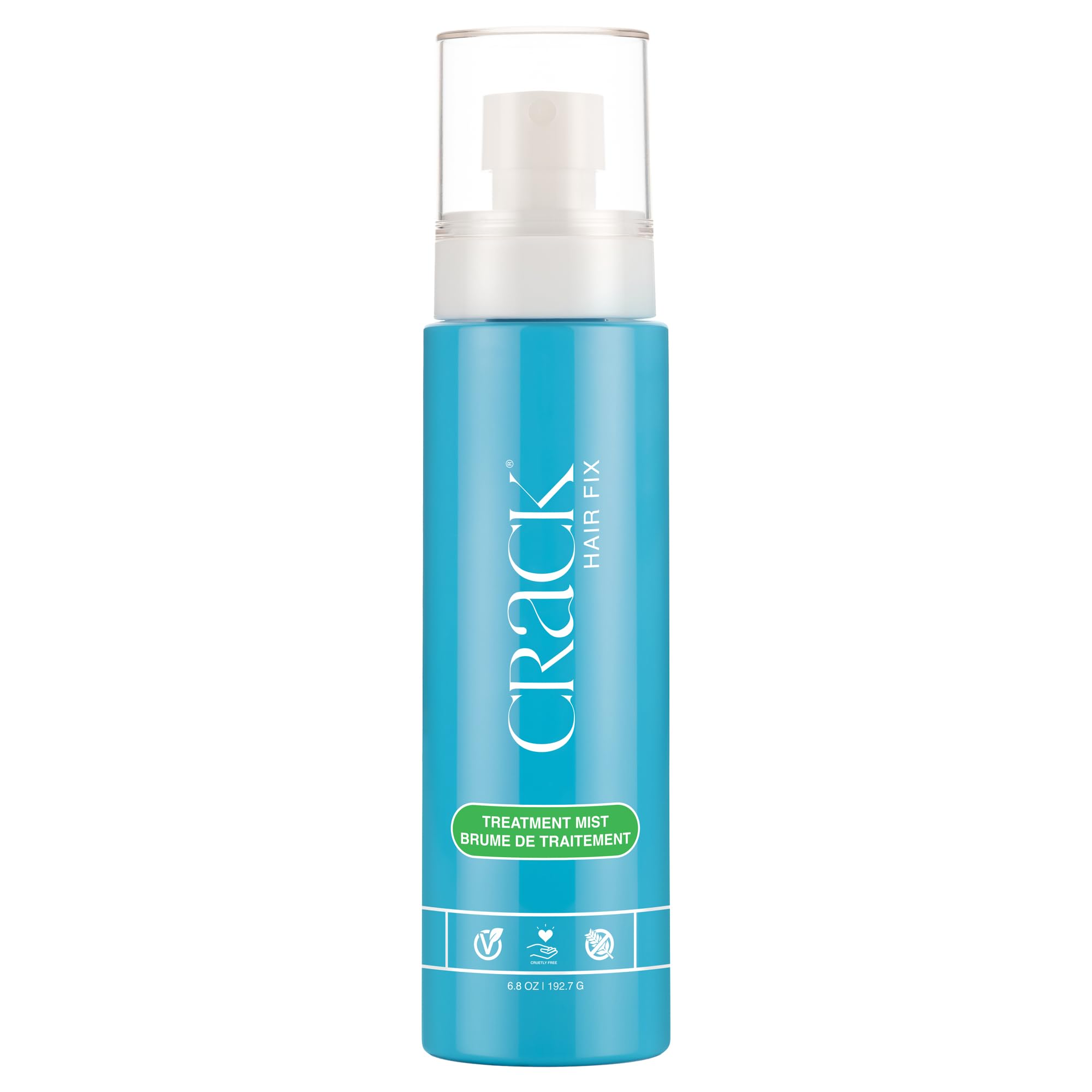Crack Hair Fix Mist bottle closeup highlights moisturizing formula for healthy hair.