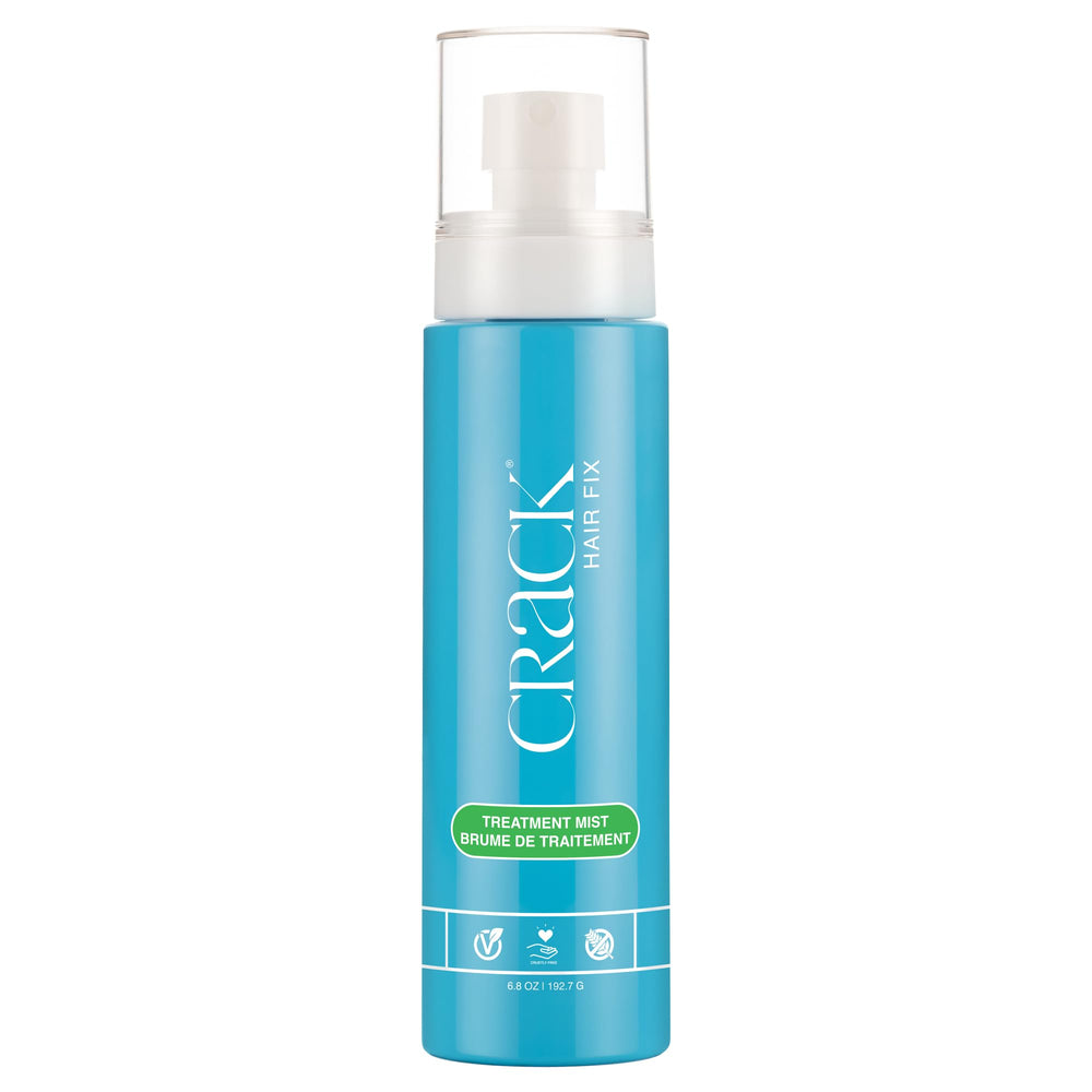 Crack Hair Fix Mist bottle closeup highlights moisturizing formula for healthy hair.