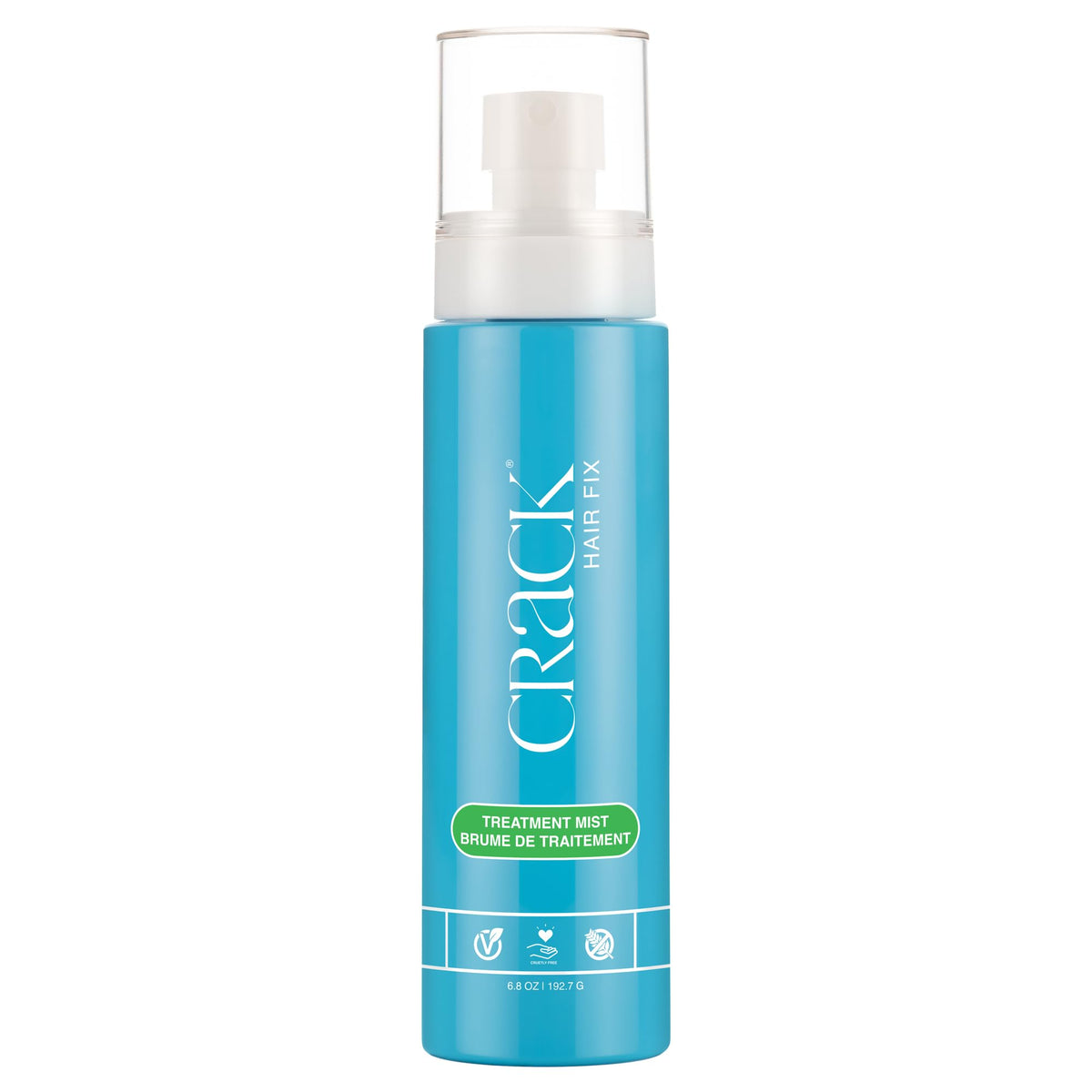 Crack Hair Fix Mist bottle closeup highlights moisturizing formula for healthy hair.