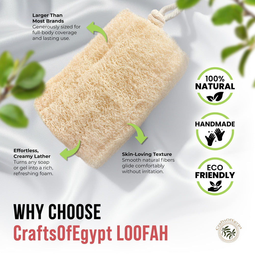 CraftsOfEgypt hand-cut loofah closeup showing durable, flexible texture for cleansing.