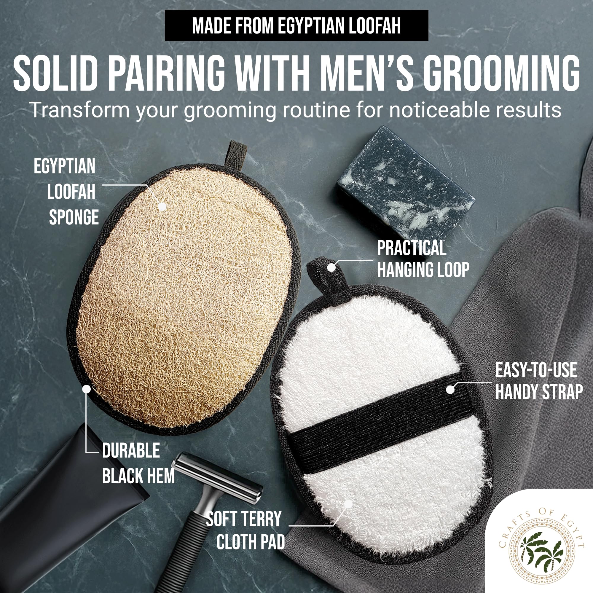 CraftsOfEgypt loofah scrubber ergonomic handle closeup for comfortable grip and thorough exfoliation.
