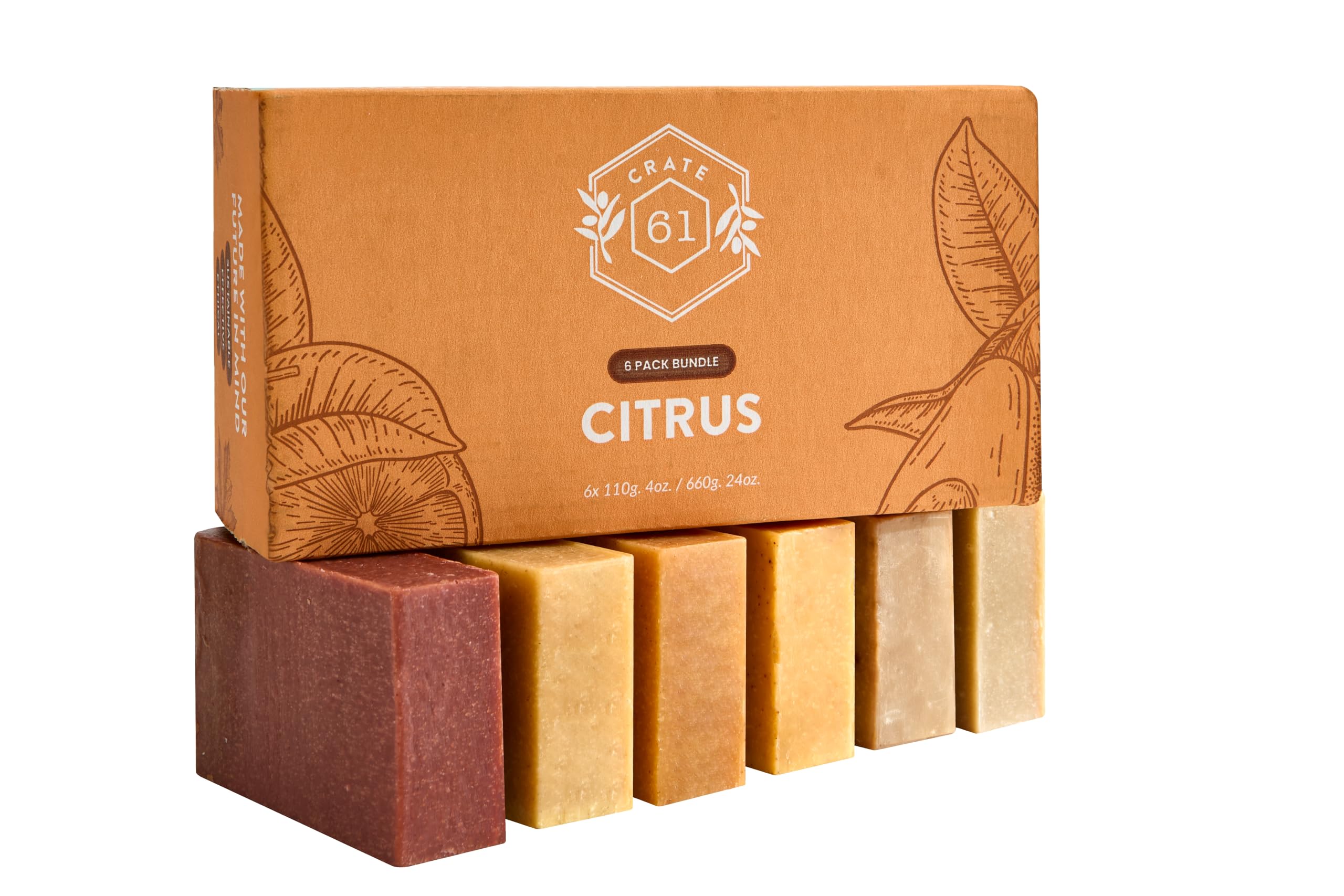 Crate 61 Organics citrus soap bar showcases botanical tint and fresh aroma.