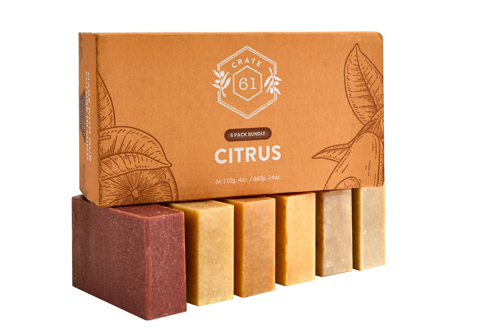 Crate 61 Organics citrus soap bar showcases botanical tint and fresh aroma.