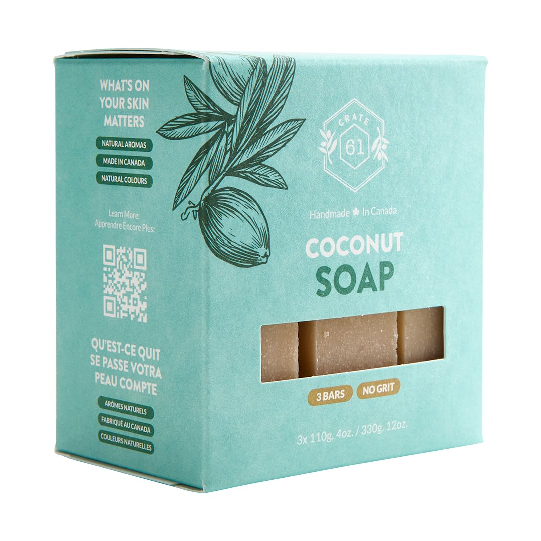 Crate 61 Organics coconut bar soap texture close-up reveals natural colorants for skin-friendly appearance