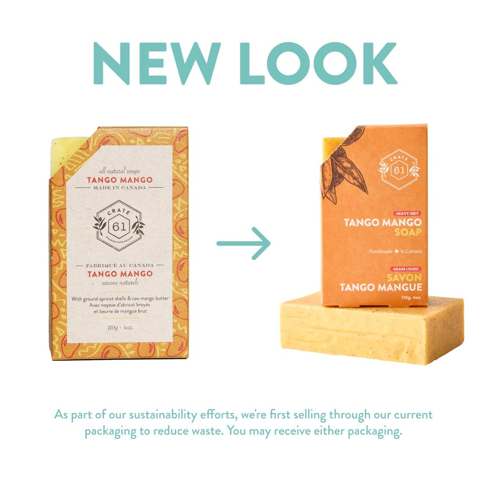 Crate 61 Organics mango soap on a shelf with spa-like presentation