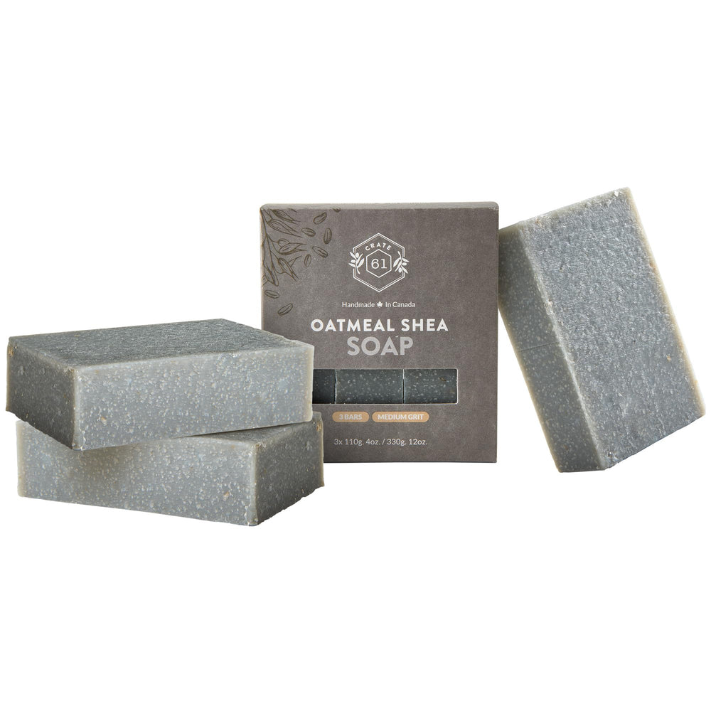 Crate 61 Organics oatmeal shea unscented bar soap pack front for daily cleansing.