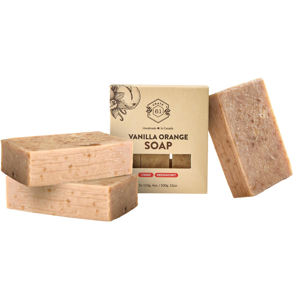 Crate 61 Organics vanilla orange bar soap pack shown for gifting or everyday cleansing.