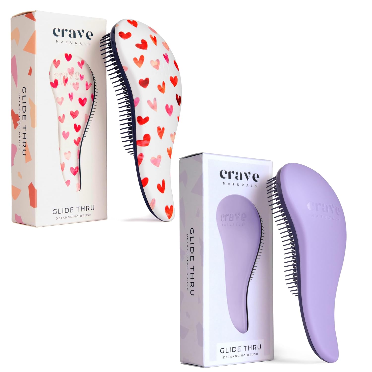 Crave Naturals Glide Thru brush pack of 2 in purple and pink hearts for easy detangling.