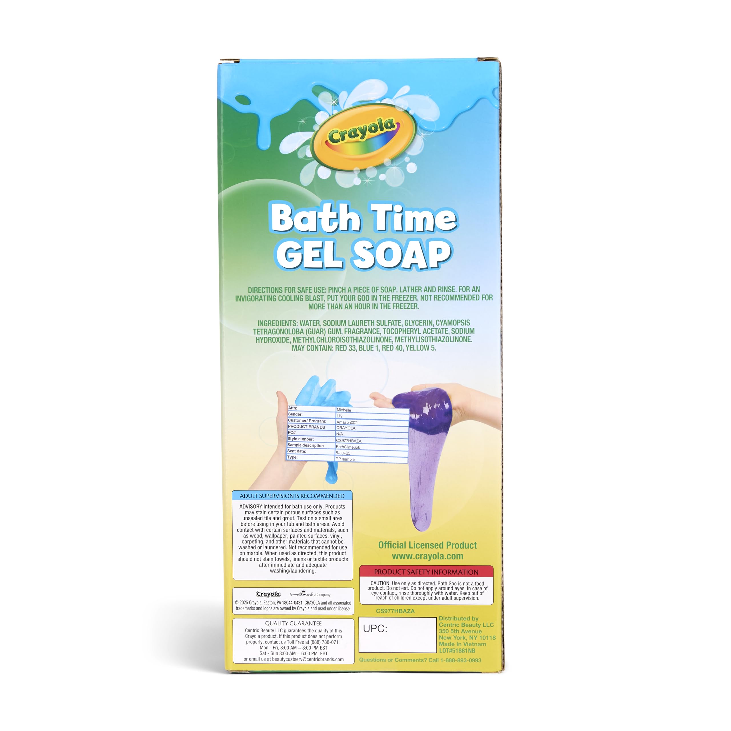 Crayola Bath Time Slime color swatches highlight six hues for playful hygiene.