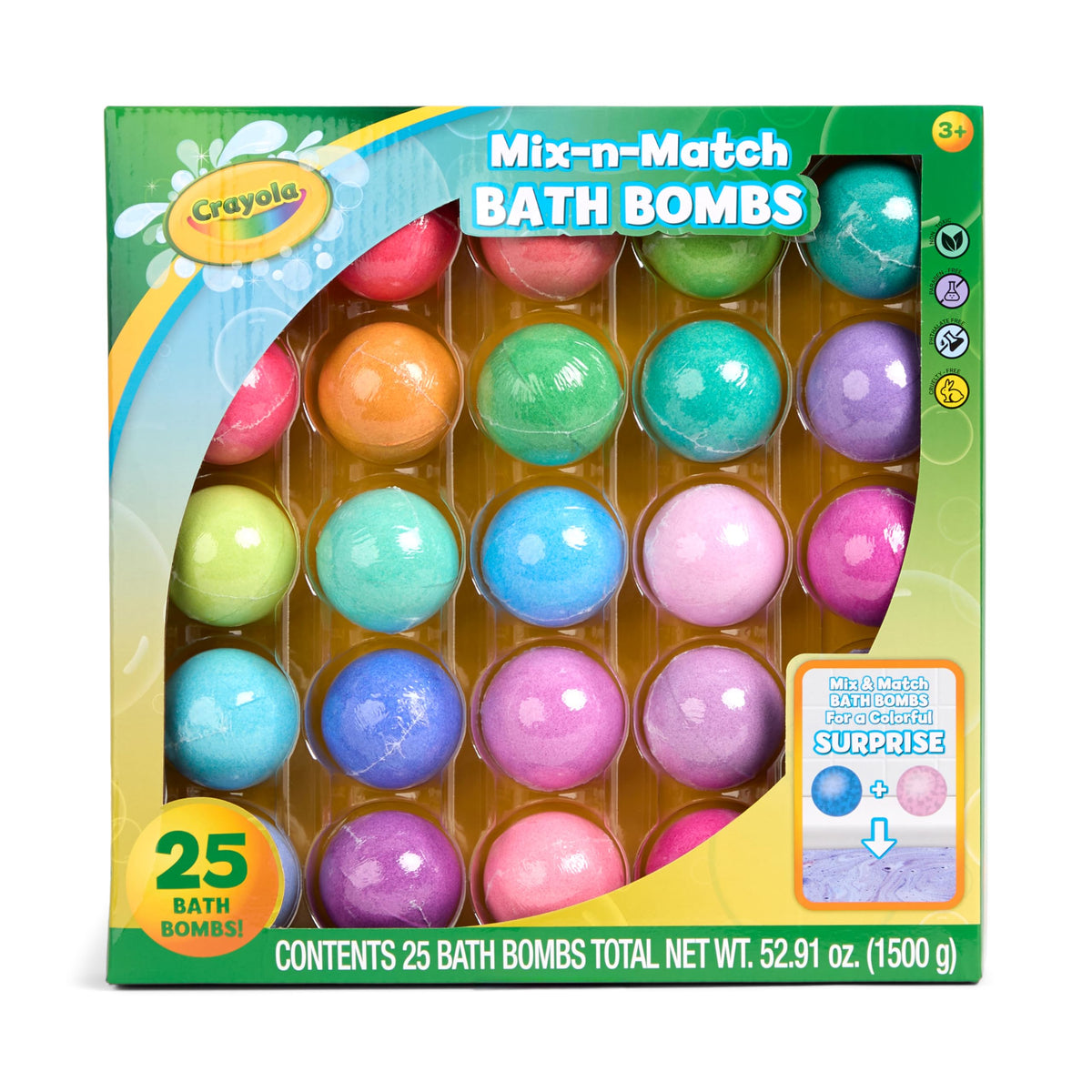 Crayola Color-Twist bath bombs 25-pack pack shot offering vibrant, color-changing fun.