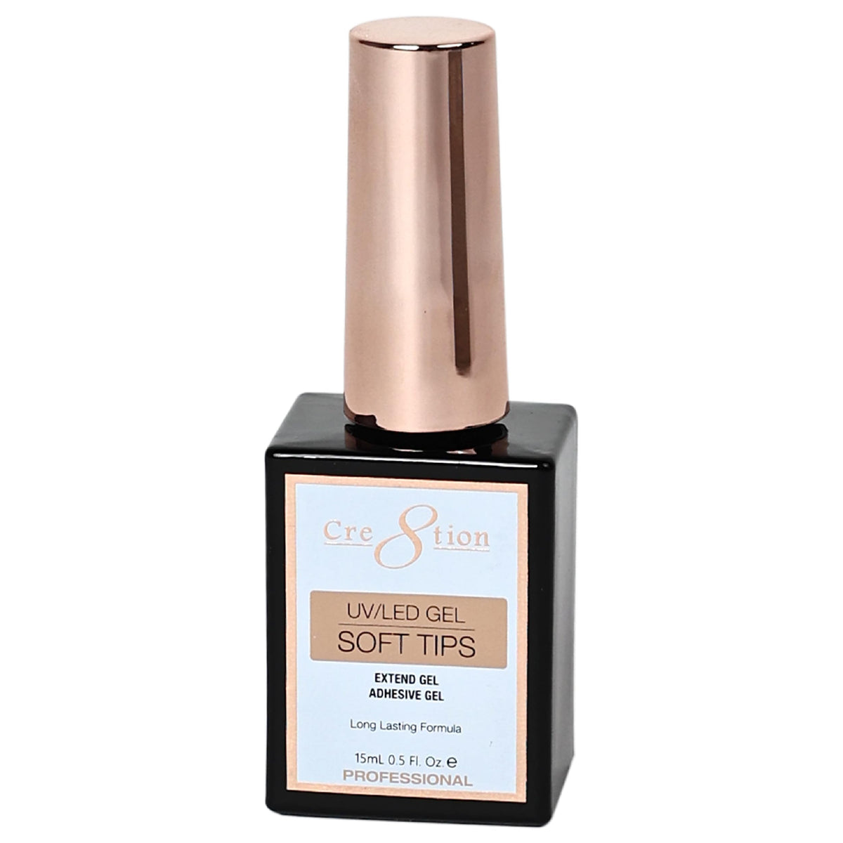 Cre8tion Extend Gel bottle close-up shows strong adhesive bonding for durable soft gel tip extensions.