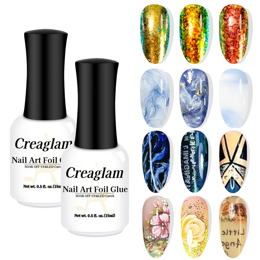 Creaglam Nail Foil Glue Gel two bottles with built-in brush for easy transfer