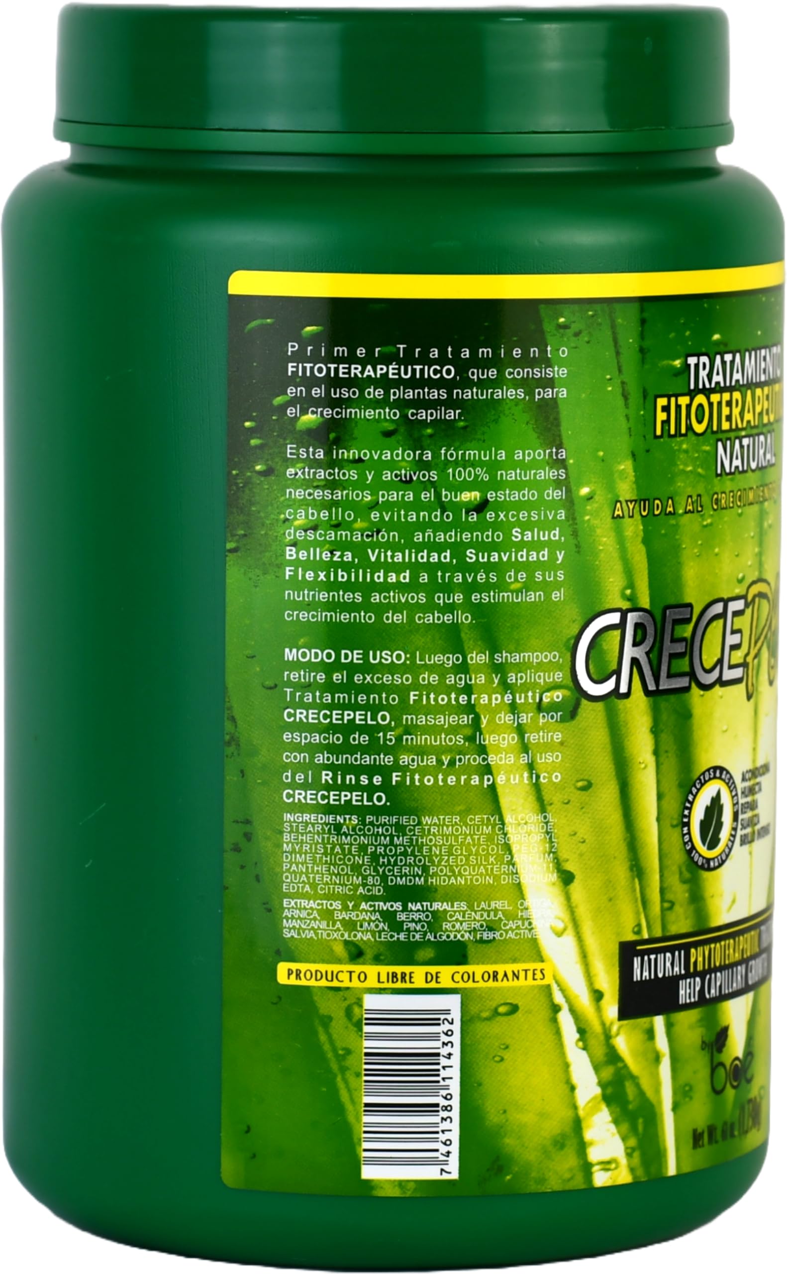 Crece Pelo jar closeup highlights generous 61 oz size for long-lasting treatment.
