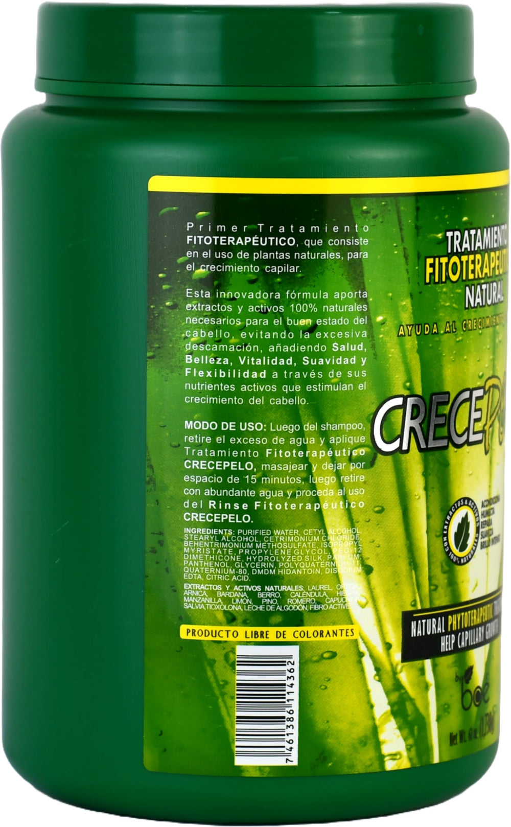 Crece Pelo jar closeup highlights generous 61 oz size for long-lasting treatment.