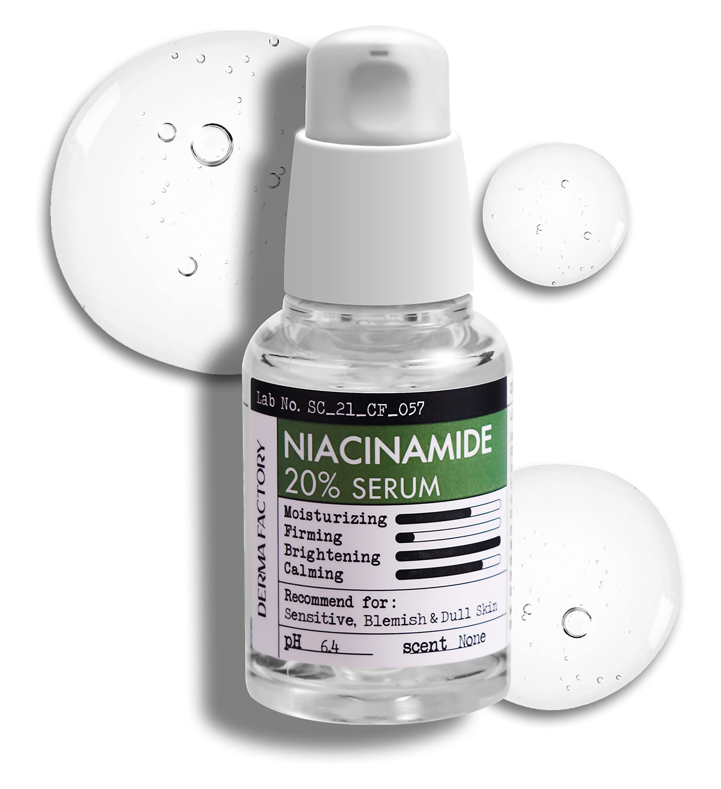 CrediThink Niacinamide 20% serum bottle with rose water pump illustrating pore refinement and aging support