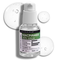 CrediThink Niacinamide 20% serum bottle with rose water pump illustrating pore refinement and aging support