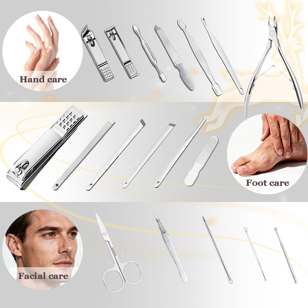 Credon multi tool grooming kit layout demonstrating 18 pieces for nails.