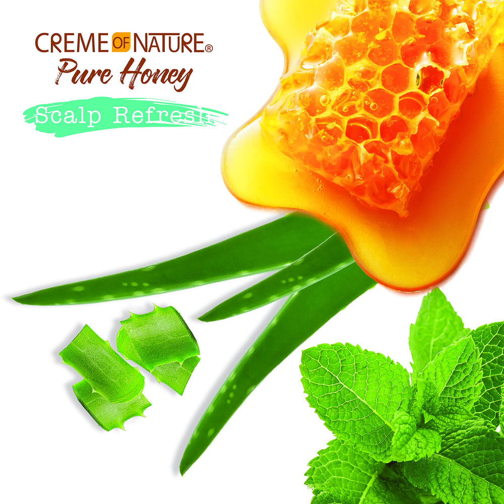 Creme of Nature Pure Honey no-rinse application on scalp illustrated.