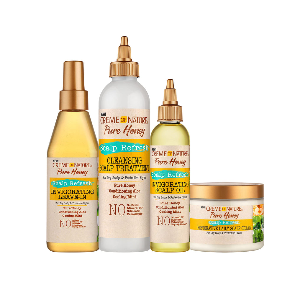 Creme of Nature Pure Honey packaging highlights Aloe, Mint, and Honey ingredients.