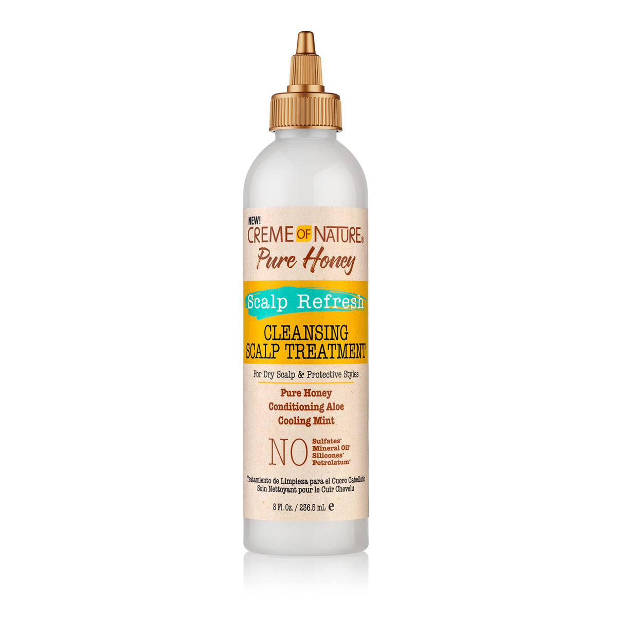 Creme of Nature Pure Honey Scalp Refresh bottle shows no-rinse cleansing for between-wash days.