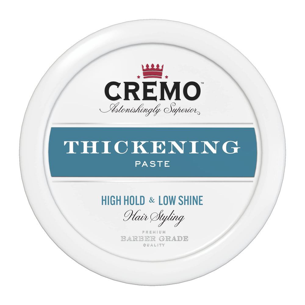 Cremo Barber Grade Thickening Paste bottle front showing lasting hold and volume