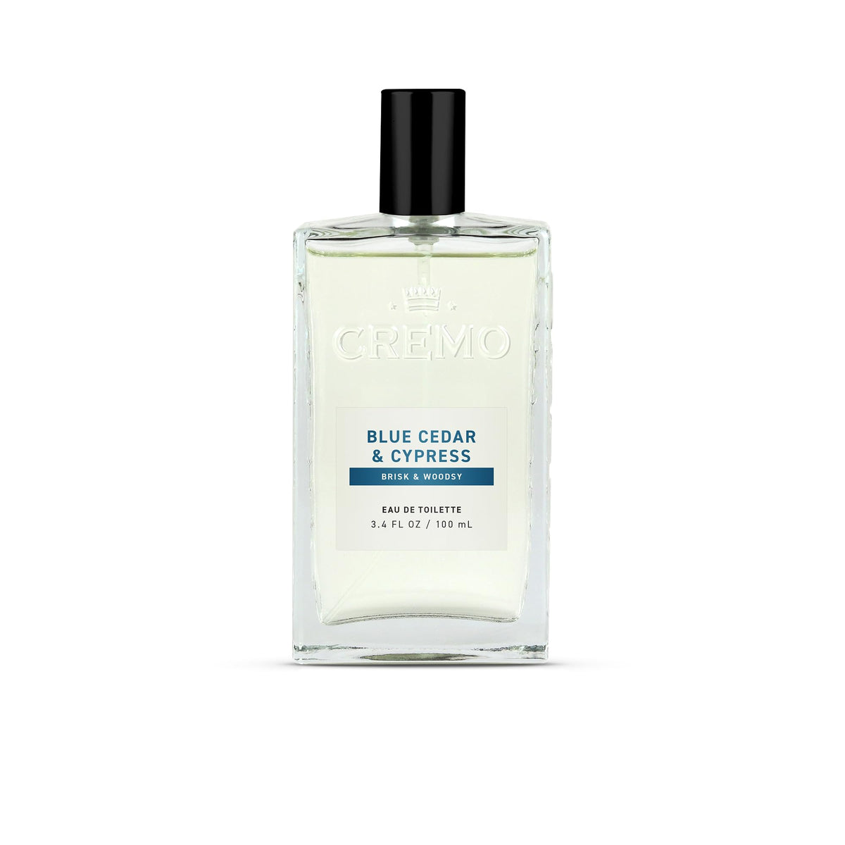 Cremo Blue Cedar & Cypress bottle-front view showing woodsy fragrance for daily wear