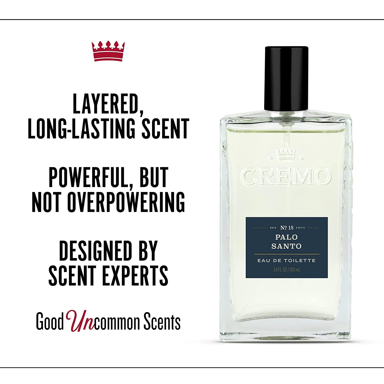Cremo Palo Santo Cologne top-notes highlighted with cardamom for brightness.