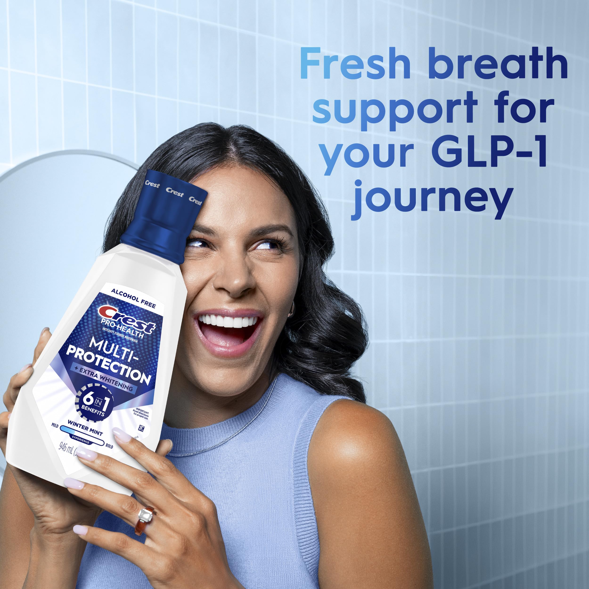 Crest bottle on a bathroom shelf showing everyday storage convenience