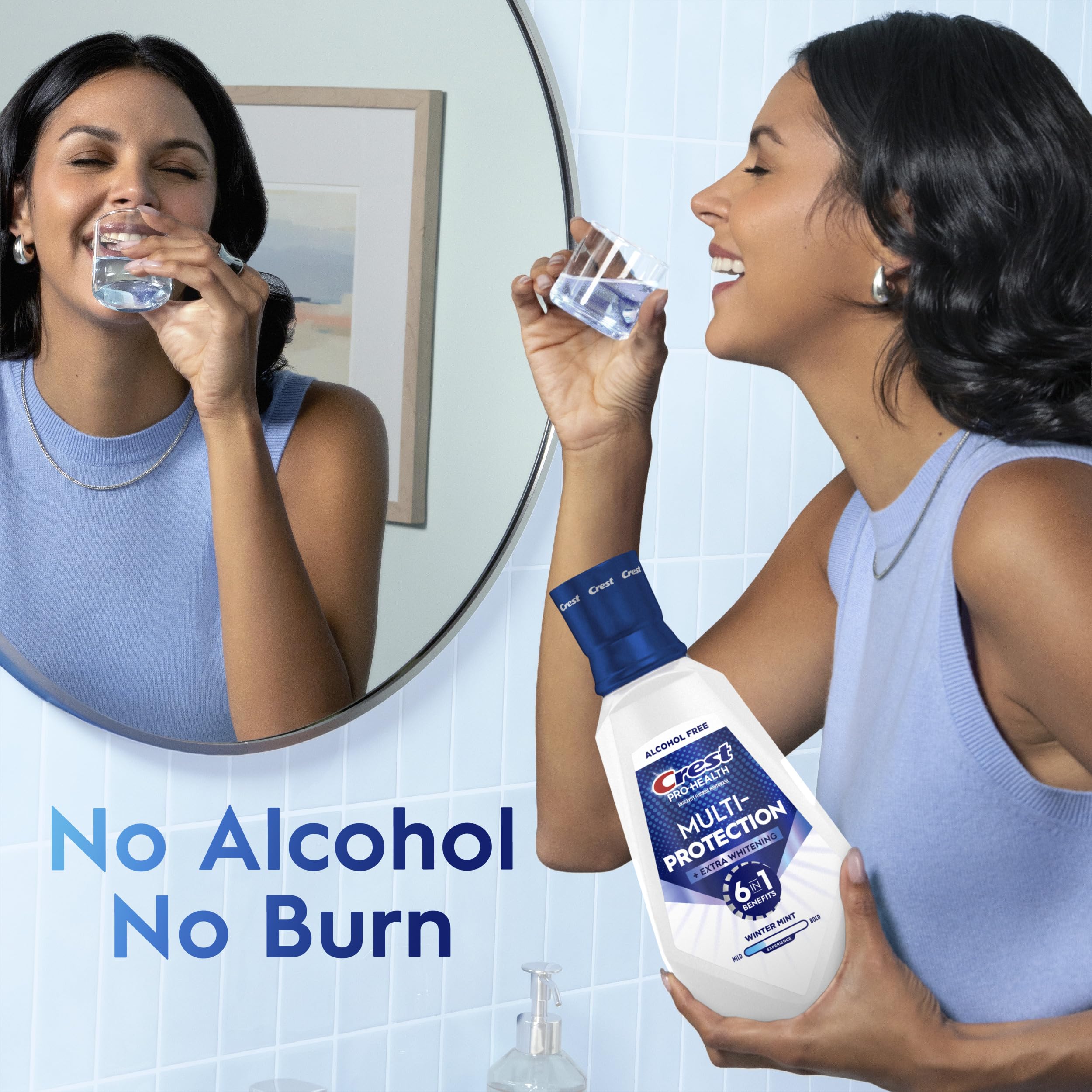 Crest mouthwash next to a toothbrush showing complementary daily use