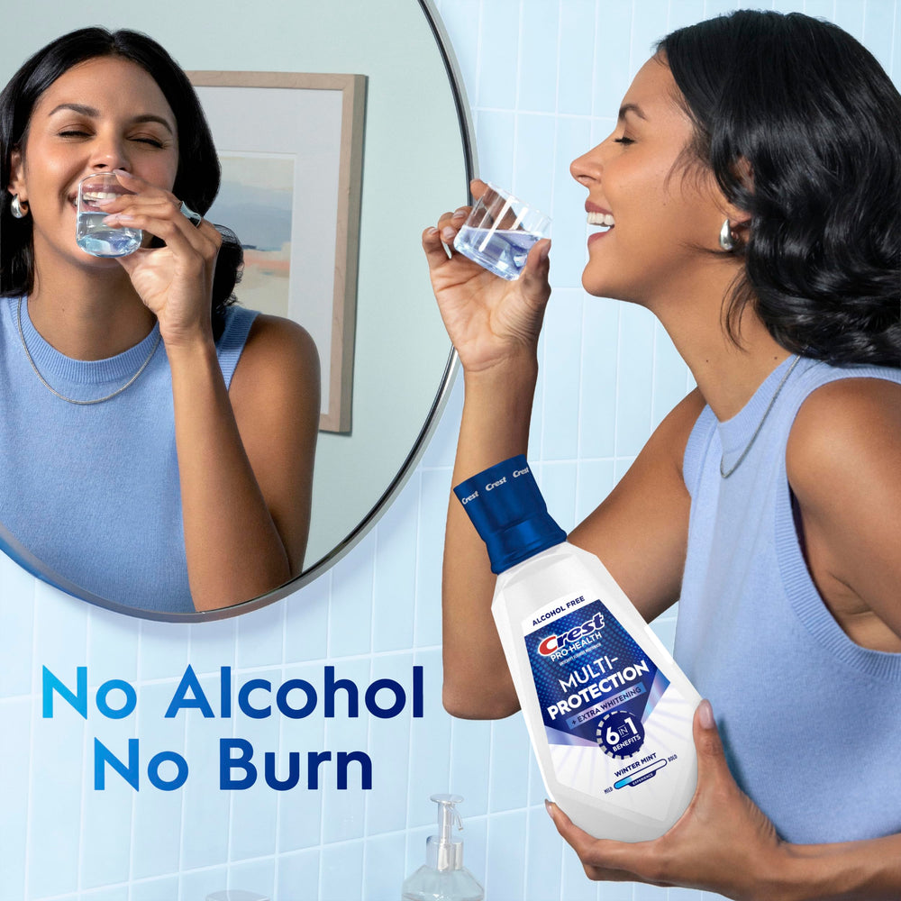 Crest mouthwash next to a toothbrush showing complementary daily use