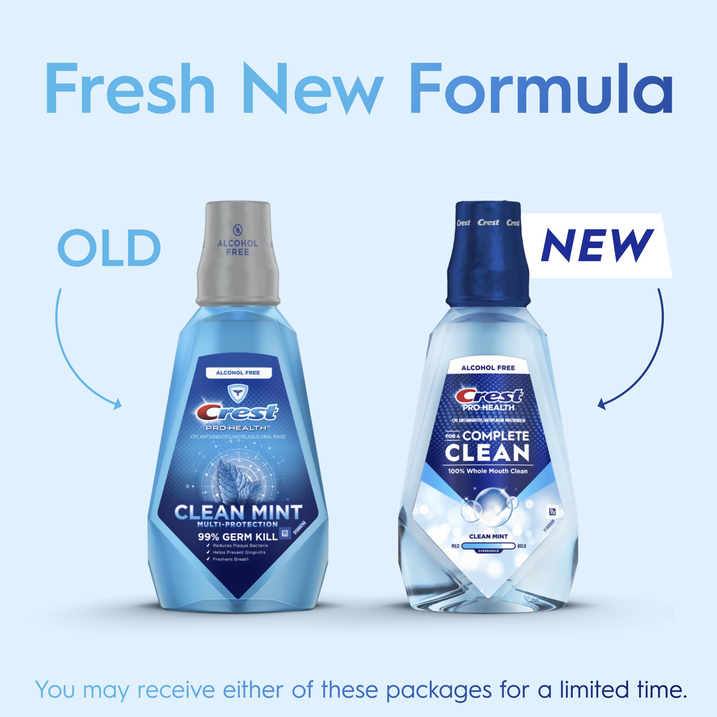 Crest Pro-Health label close-up highlighting CPC and alcohol-free advantage