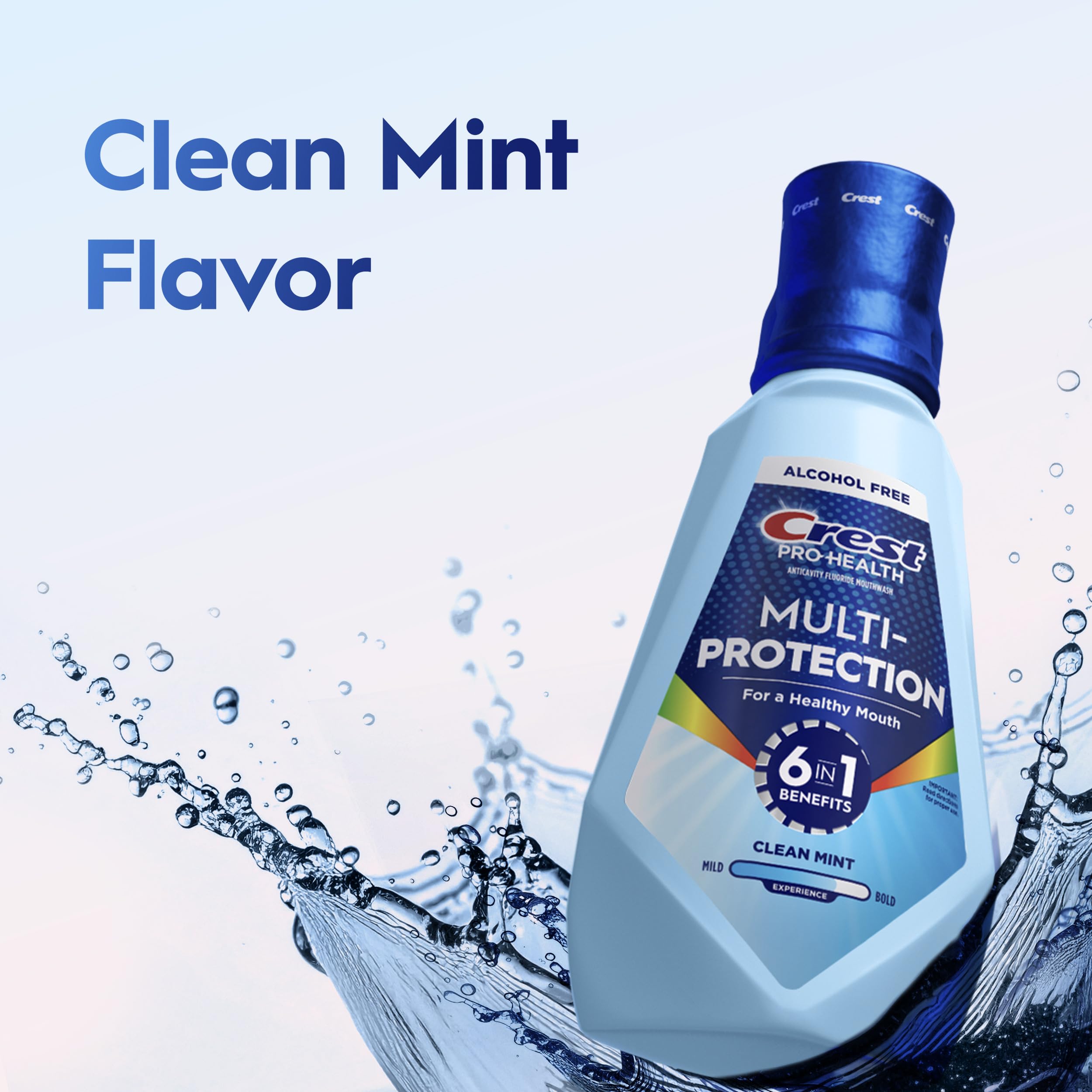 Adult using Crest mouthwash emphasizing gentle, alcohol-free comfort