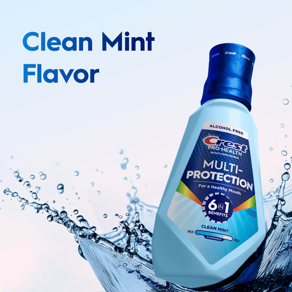 Adult using Crest mouthwash emphasizing gentle, alcohol-free comfort