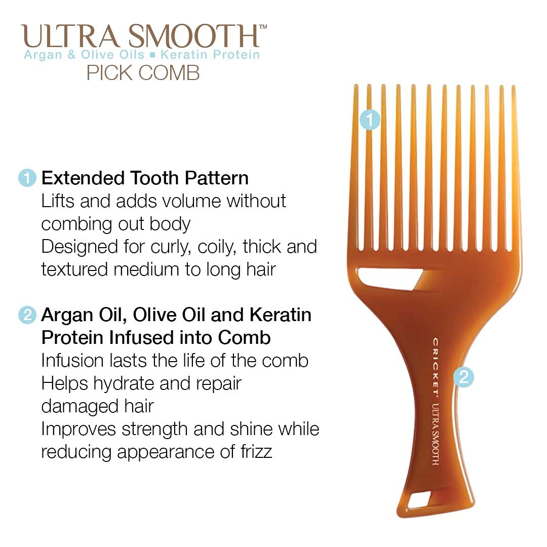 Cricket Ultra Smooth Hair Pick infused-blend highlights argan-olive-keratin for shine