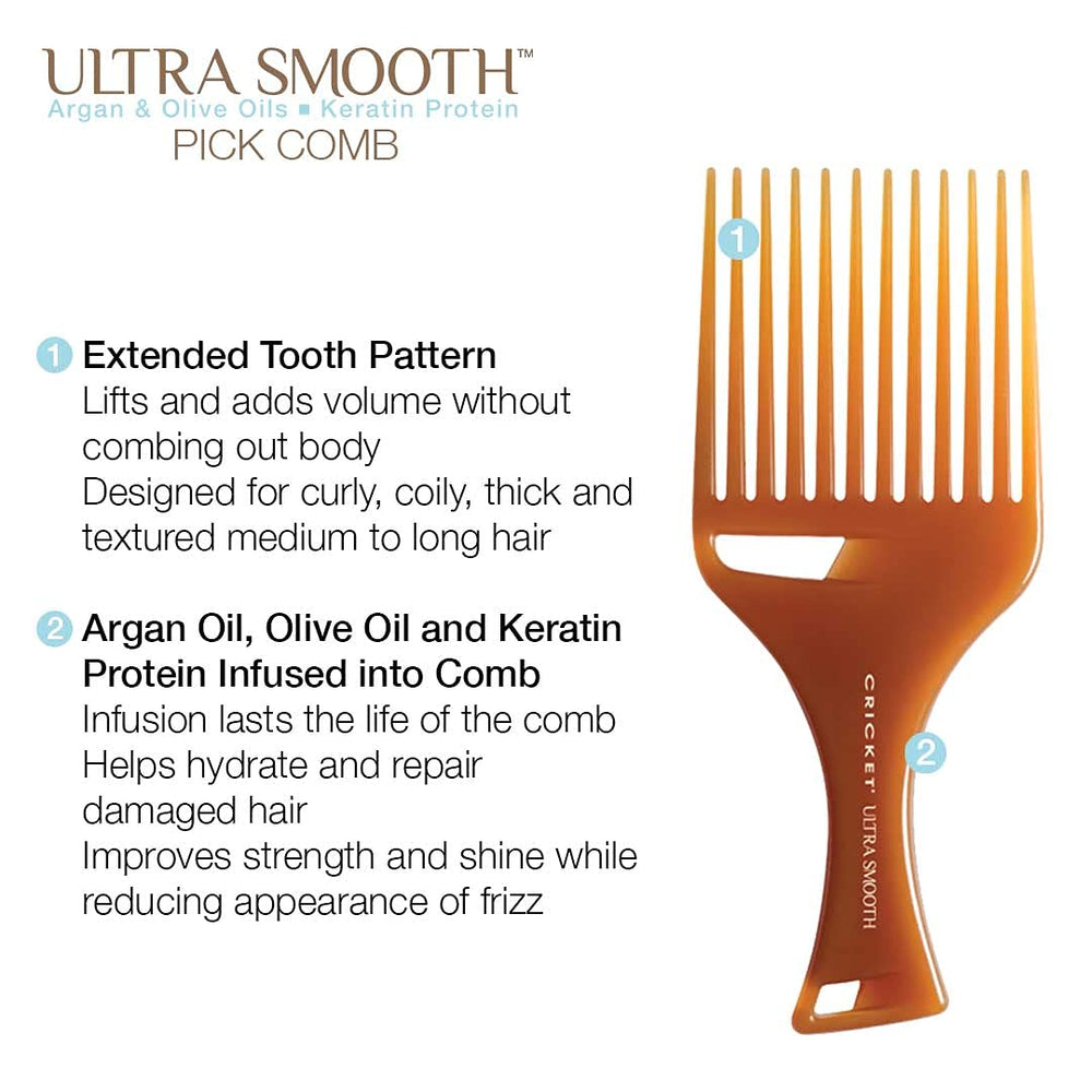 Cricket Ultra Smooth Hair Pick infused-blend highlights argan-olive-keratin for shine