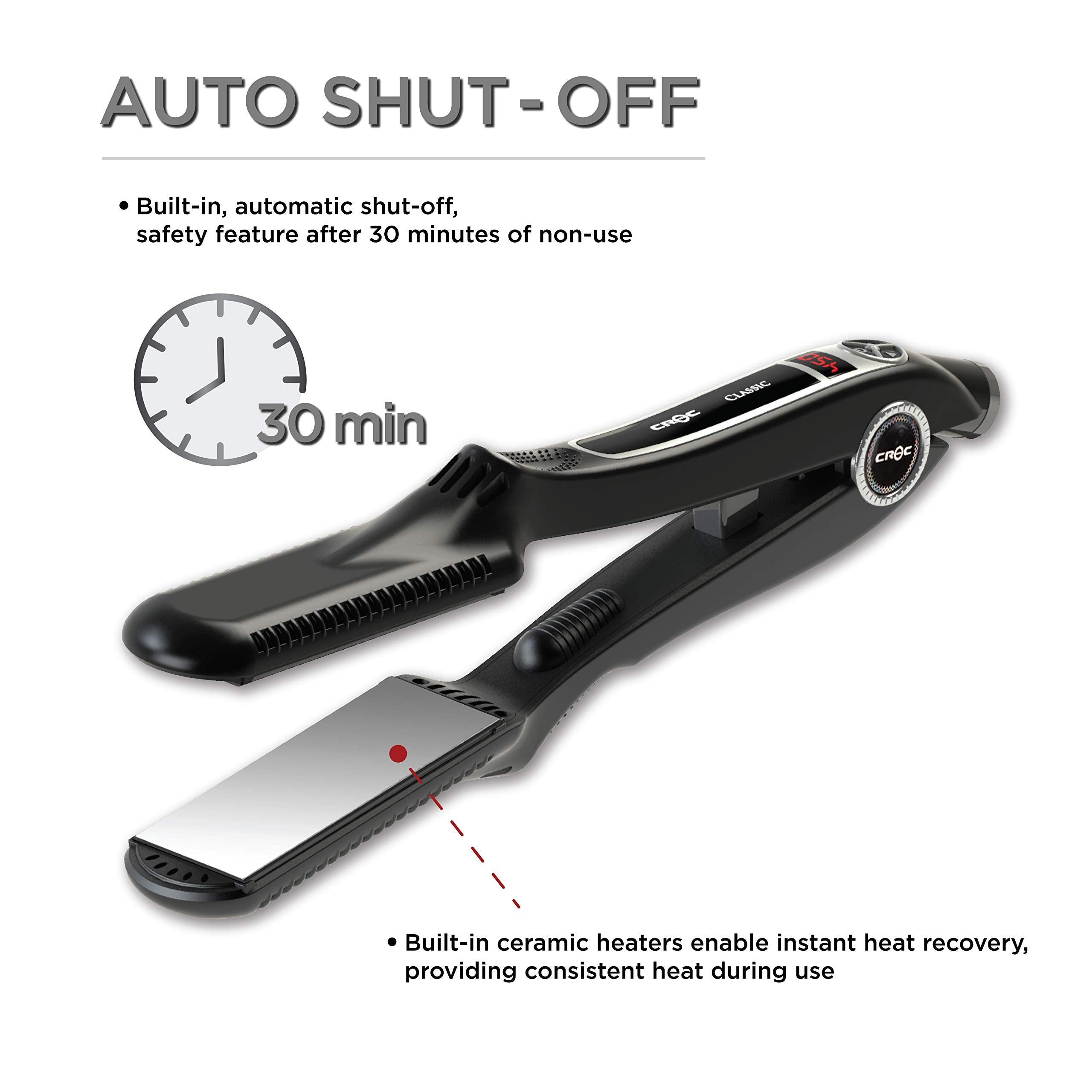 CROC Classic Flat Iron with silver nano-titanium plates highlighting frizz control and silky results.