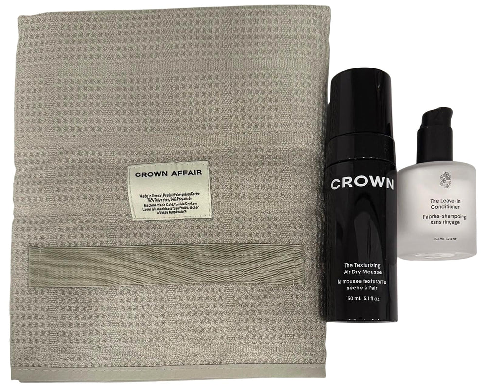 Crown Affair Air Dry Ritual leave-in bottle provides lightweight hydration for detangling and smooth hair.