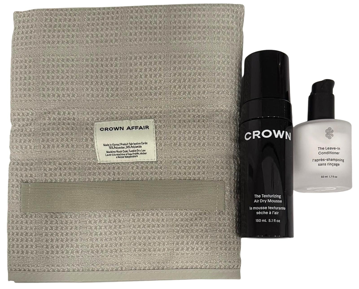 Crown Affair Air Dry Ritual leave-in bottle provides lightweight hydration for detangling and smooth hair.
