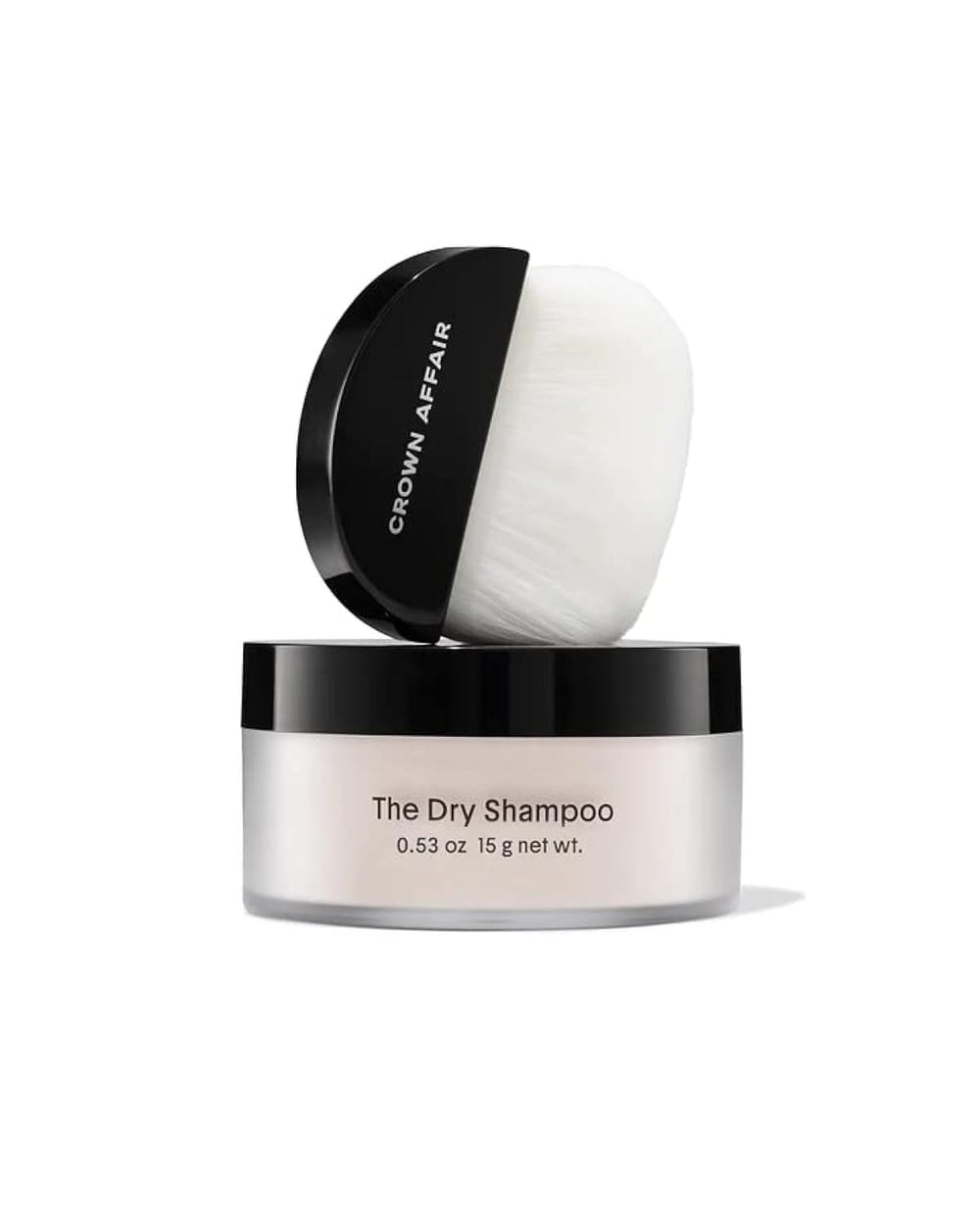 CROWN AFFAIR dry shampoo bottle demonstrates oil-absorbing formula for refreshed roots.