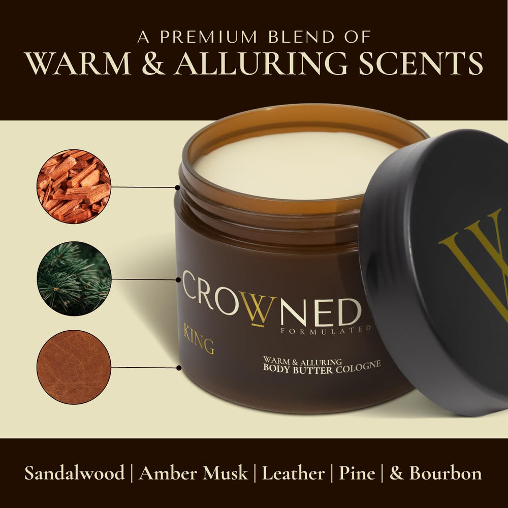 Crowned Skin King Cologned Body Butter packaging shows premium look and 4.4oz size.