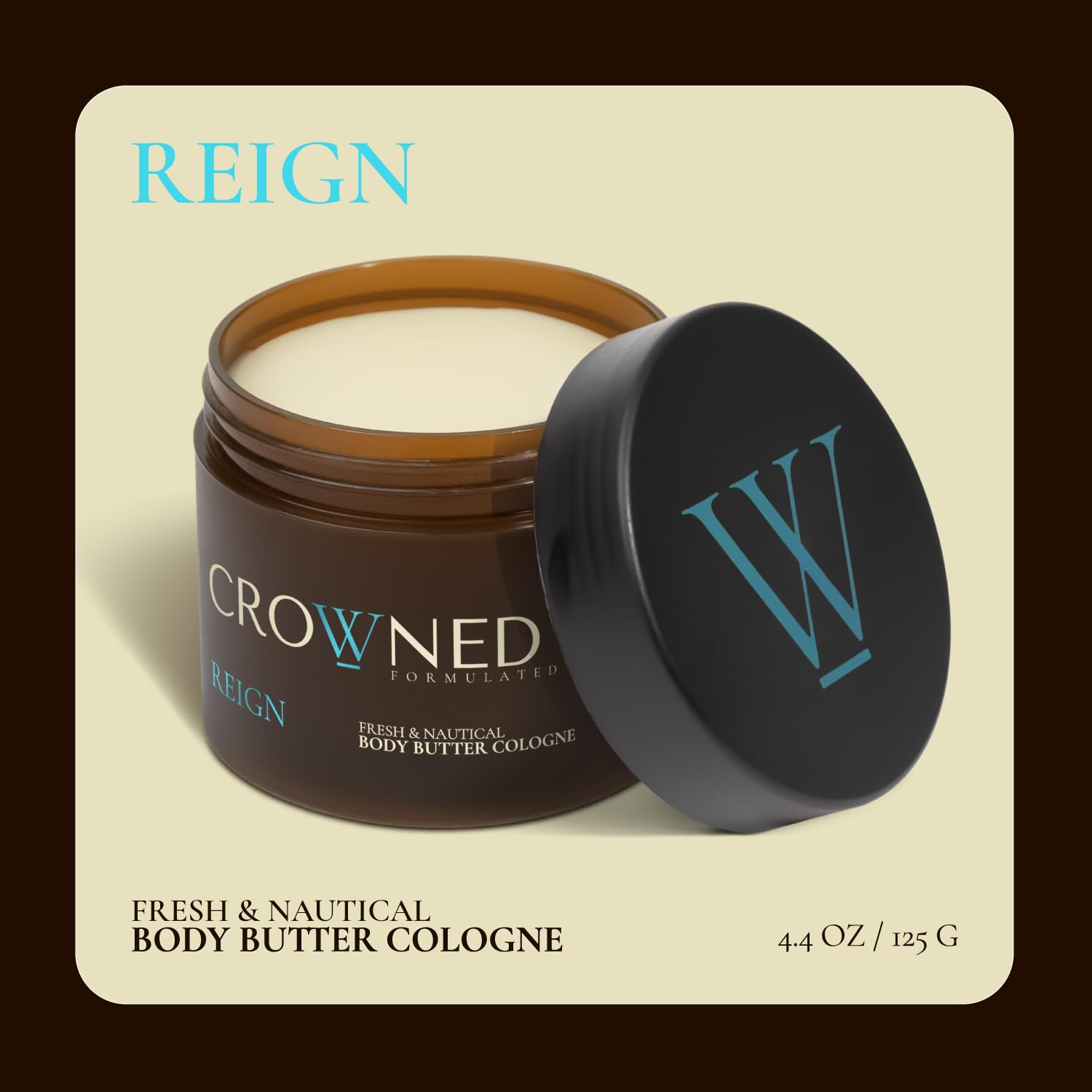Crowned Skin Reign butter jar closeup highlighting rich shea and mango hydration.