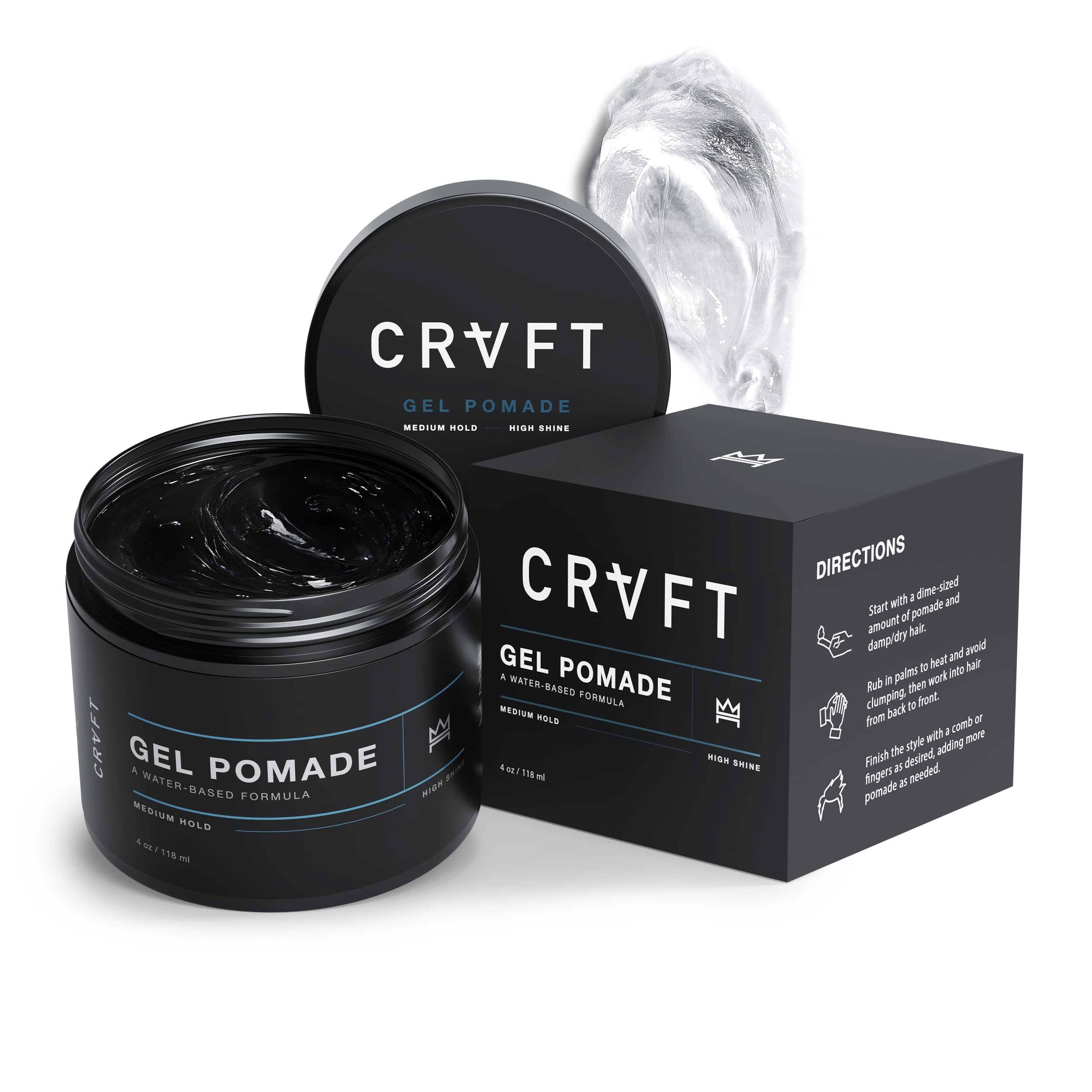 Hair Craft Co. CRVFT gel pomade bottle front for on-the-go styling with lasting hold.