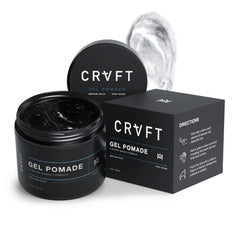 Hair Craft Co. CRVFT gel pomade bottle front for on-the-go styling with lasting hold.