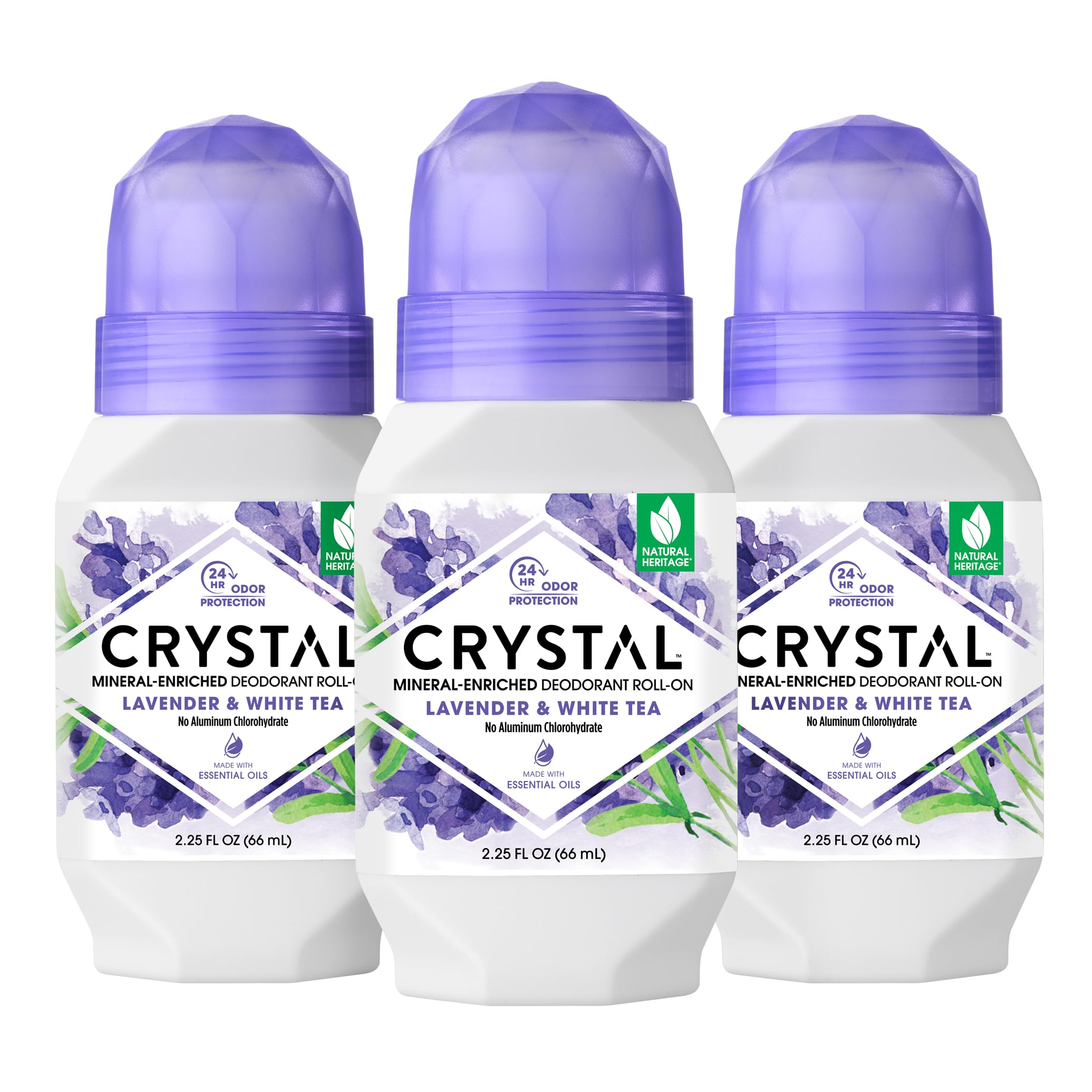 Crystal Deodorant Roll-On Lavender White Tea bottle delivers long-lasting odor control.