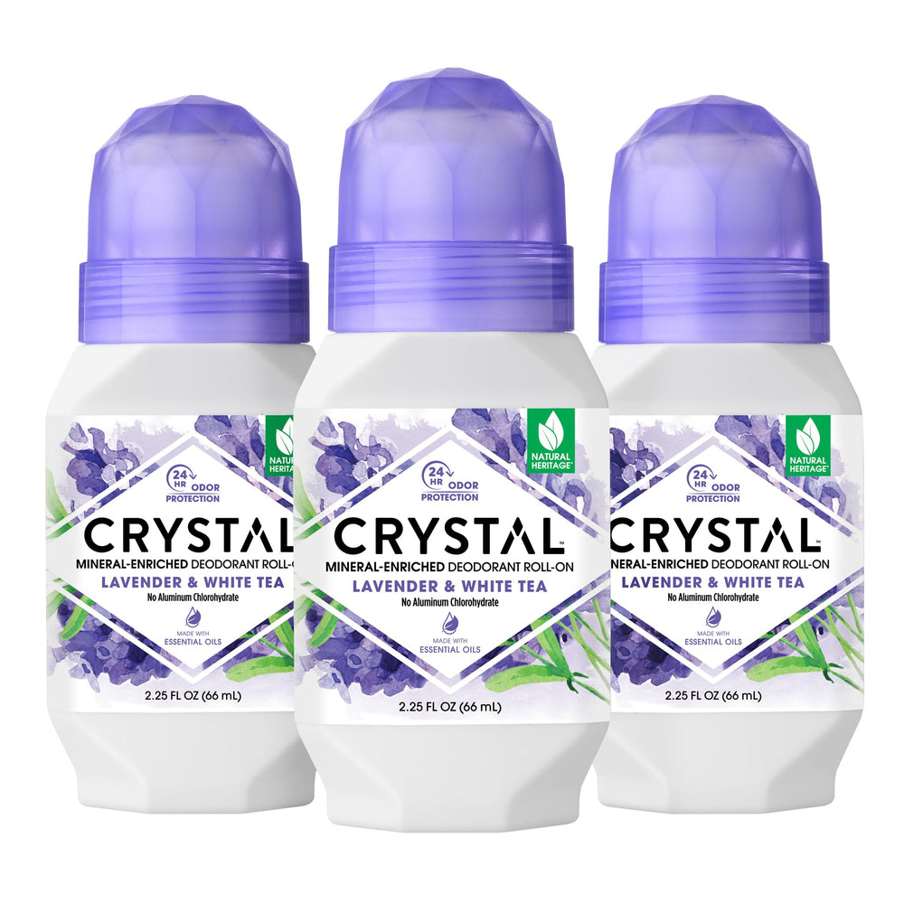 Crystal Deodorant Roll-On Lavender White Tea bottle delivers long-lasting odor control.