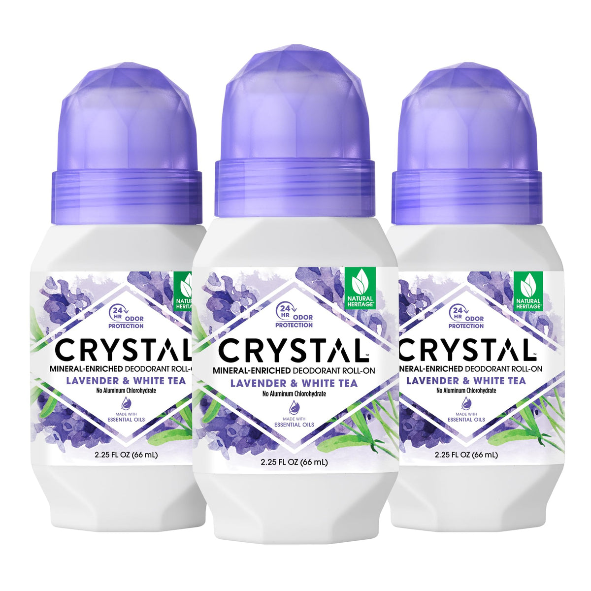 Crystal Deodorant Roll-On Lavender White Tea bottle delivers long-lasting odor control.