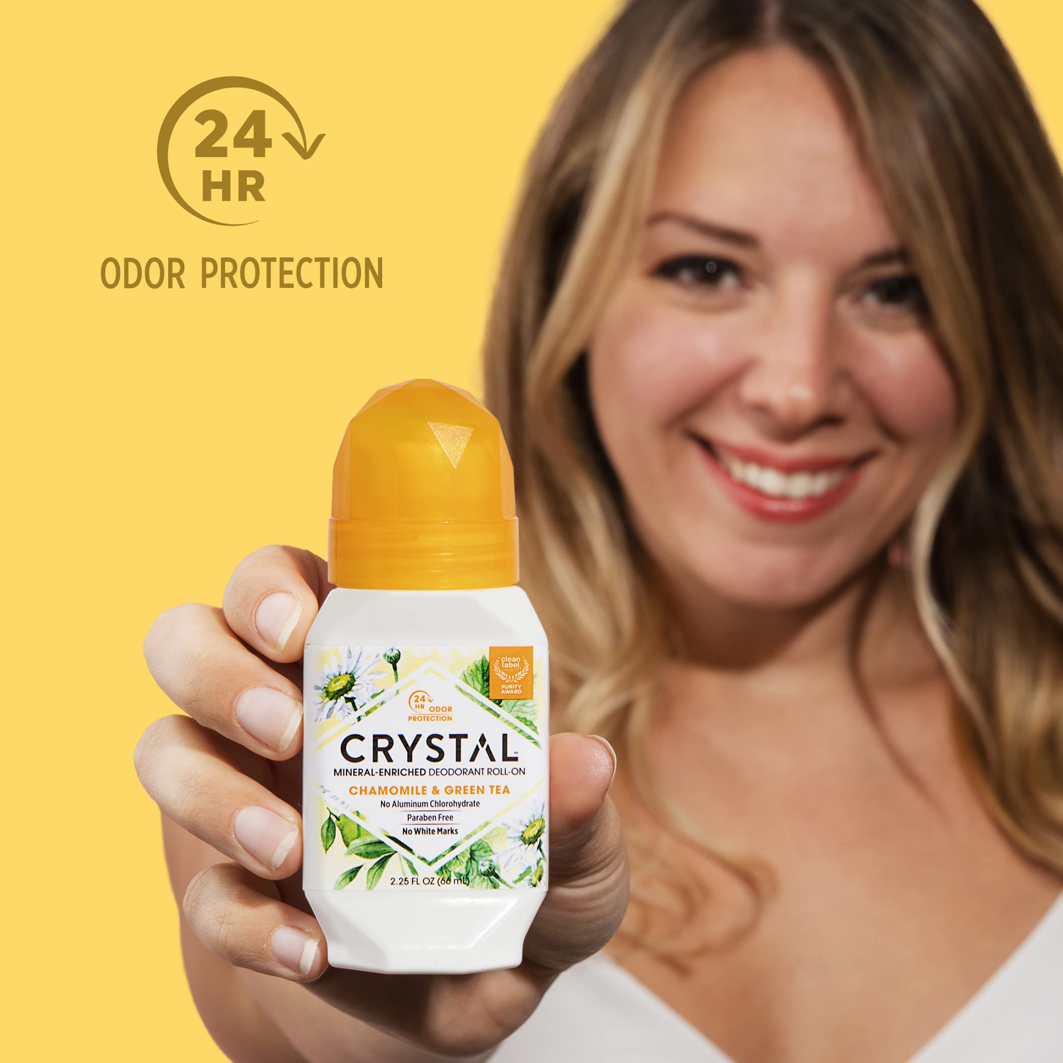 Crystal Essence chamomile green tea infusion illustrates soothing underarm care.