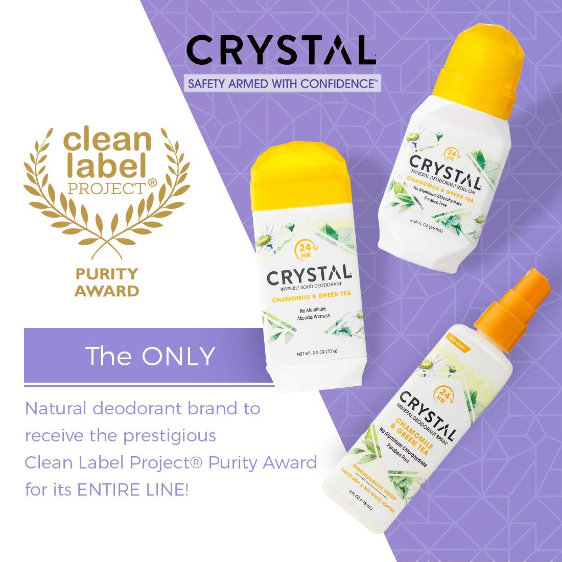Crystal Essence chamomile-green-tea scent on a bottle highlighting refreshing odor control.