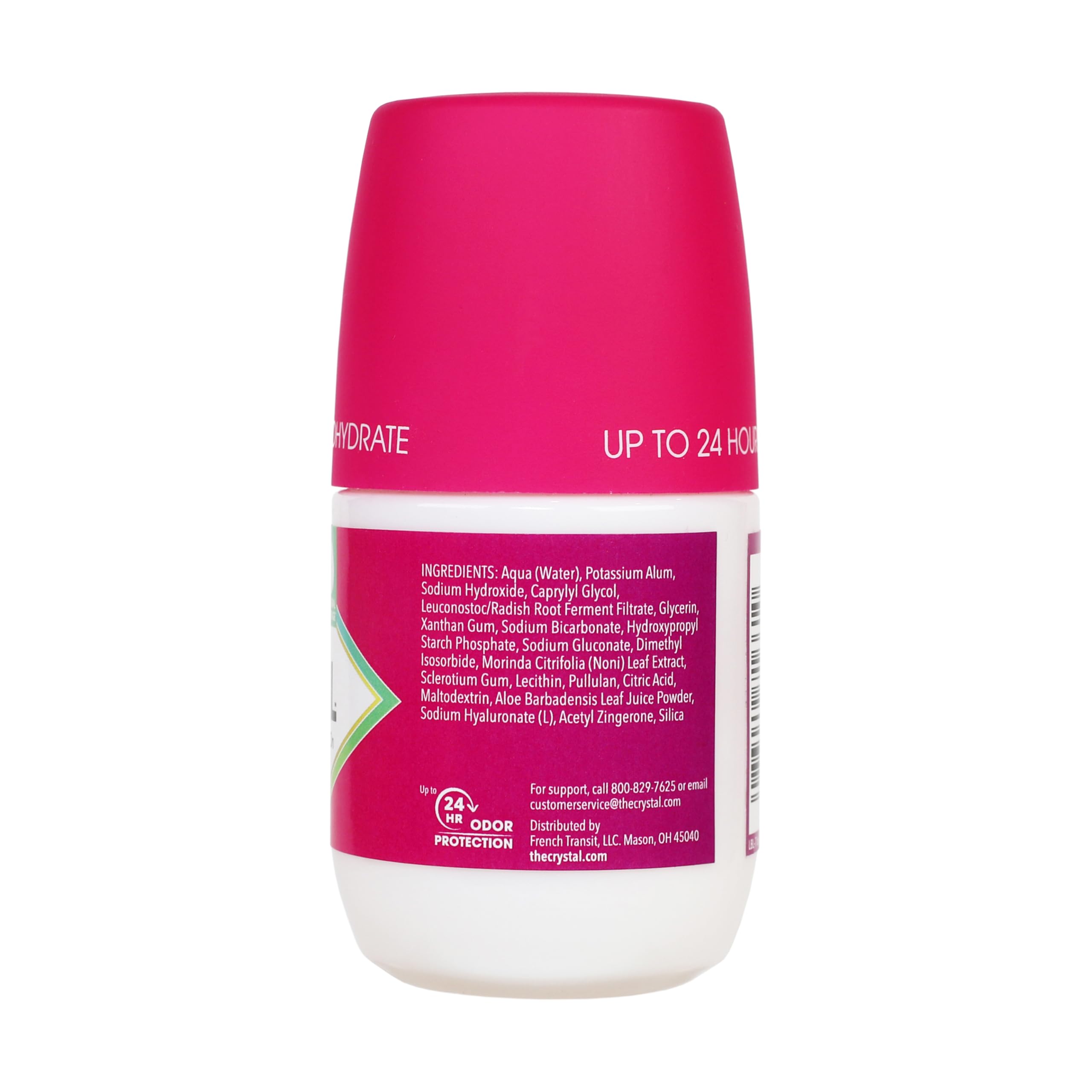 Crystal Essence clean ingredients label closeup communicates aluminum- and parabens-free care.